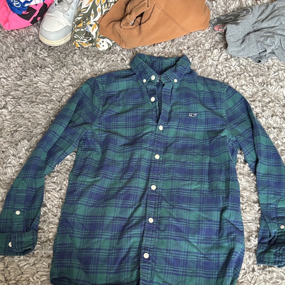 Vineyard Vines Navy and Forest Plaid Shirt
